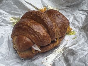 Breakfast sandwich on croissant  at Little Barn Coffee House in Los Angeles