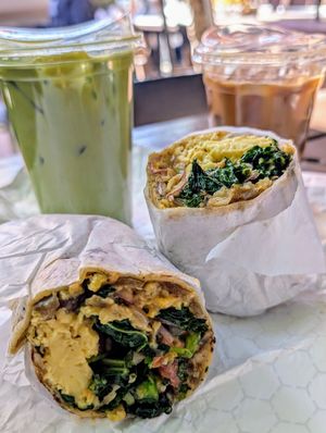 Breakfast burrito with just egg and iced matcha latte and cappuccino at Little Barn Coffee House in Los Angeles