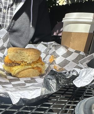 Breakfast sando with delicious homemade biscuitts  at Little Barn Coffee House in Los Angeles