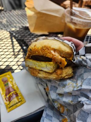 Maple sausage biscuit breakfast sandwhich at Little Barn Coffee House in Los Angeles