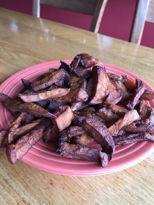 Sweet potato fries side (minus a few). Delicious and fresh at Paul and Elizabeth's in Northampton