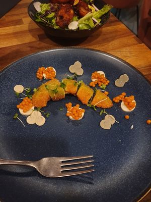 Carviar and avocado in bread crumps not my thing at Oliveira Kitchen in East London