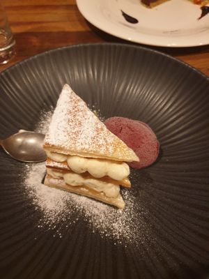 Pear & cream & sorbet at Oliveira Kitchen in East London