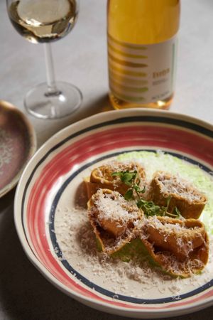 Summer truffle Torteloni with thyme sauce and 30-month Parmigiano Reggiano. at Oliveira Kitchen in East London