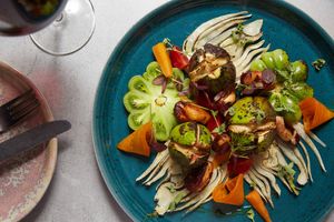 Jack and the Figtree. 
Roasted figs stuffed with cacioricotta and artichoke cream, oven baked green tomatoes from Sardinia. at Oliveira Kitchen in East London