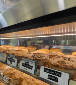 Vegan pies on the top shelf at Richoux Patisserie in Auckland