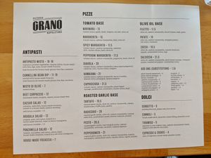 Menu - Front at Pizzeria Grano in Vancouver