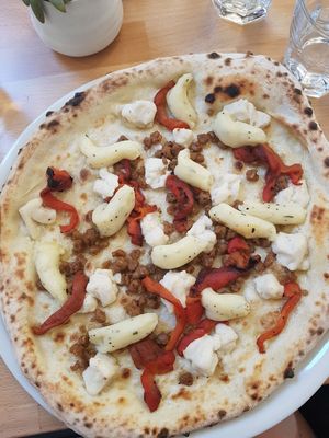 Sausage, mash potato & red pepper pizza at Pizzeria Grano in Vancouver