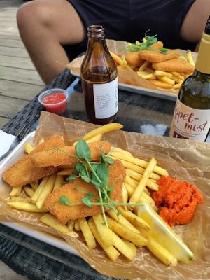 With local beer & apple drink at Kåseberga Fisk AB in Loderup