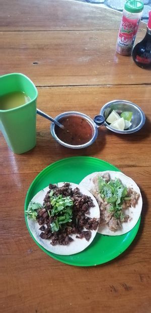 Suadero n chicharrón taco Fresh mango water at Gopals - Vegetariano's in Cancun