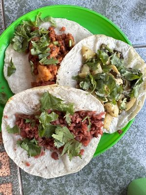 Clockwise: pastor (top), peppers and potatoes (right), arrachera (bottom)  at Gopals - Vegetariano's in Cancun