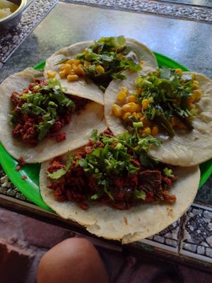 2 rajas con elotes and 2 chorizo con nopales tacos at Gopals - Vegetariano's in Cancun