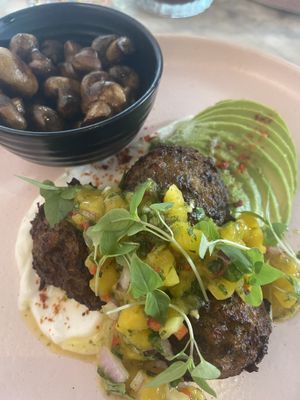 Vegan version of plantain fritters (swapped egg for mushrooms - everything else is vegan!) at Starfish & Coffee in Enfield