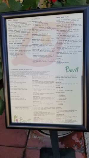 Menu at Bevri in Palo Alto