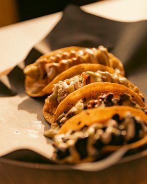 4x tacos. Chicharrón, Suadero, Tinga, y Hongos at Chilango PDX in Portland