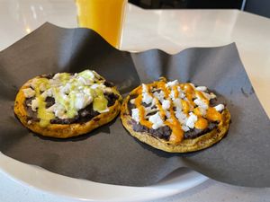 Sopes and freshly squeezed orange juice. at Chilango PDX in Portland