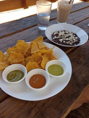 Chips and salsa, side of beans at Chilango PDX in Portland