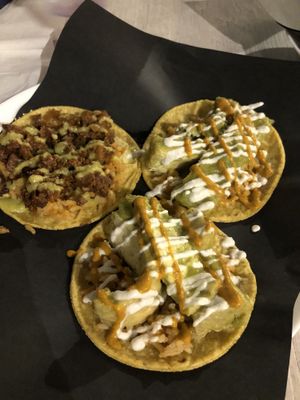 2 chicharron tacos and one papas y chorizo taco   at Chilango PDX in Portland