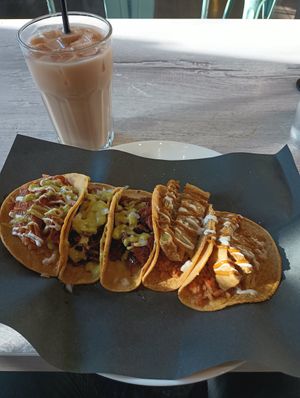 Five tacos and a horchata at Chilango PDX in Portland