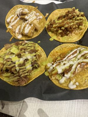 4 tacos with the different filling options  at Chilango PDX in Portland