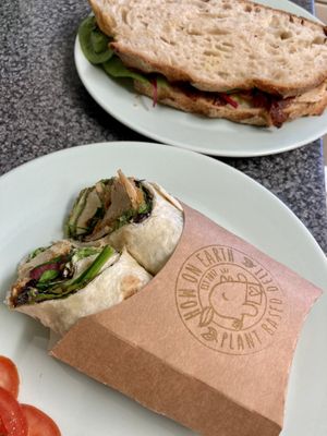 Fried chick’n wrap and chick’n and bacon sandwich   at How On Earth in Exeter
