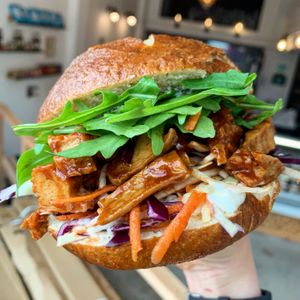 BBQ “chicken” slider in a homemade pretzel bun at How On Earth in Exeter