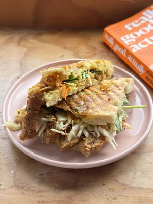 Katsu fried “chicken” with katsu mayo, Asian slaw and rocket   at How On Earth in Exeter
