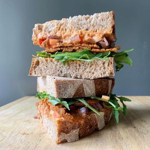 Lunch option: Chorizo style slices, pico de gallo and chipotle mayo sandwich. at How On Earth in Exeter