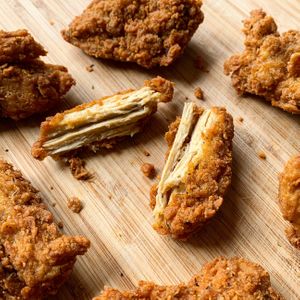 Handmade meat substitute: Southern fried chicken style pieces with our signature shreddy texture. at How On Earth in Exeter