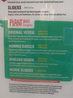 Plant based burger menu at Submarine Burger in Rijeka
