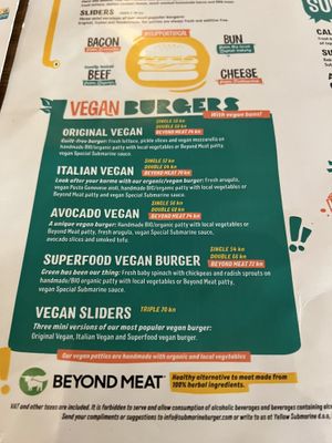 The list of vegan burgers, original, Italian, avocado and the special “superfood"  at Submarine Burger in Rijeka