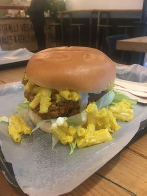 The Dirty Burger Winter Special with mac’n’cheeze at Really Happy Chicken in Brighton