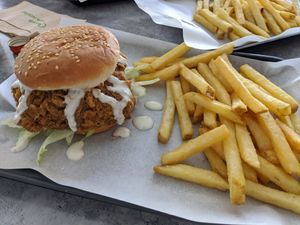 Burger and fries at Really Happy Chicken in Brighton