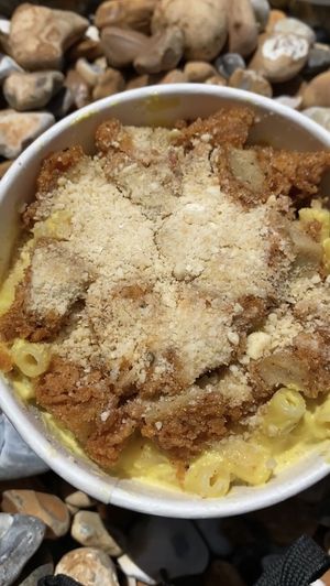 Mac and Cheese with ‘chicken’ and ‘bacon' at Really Happy Chicken in Brighton