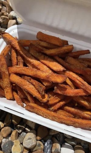 Sweet potato chips with garlic mayo at Really Happy Chicken in Brighton