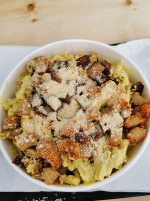 Mac & Cheese with b'con and fried chick'n. at Really Happy Chicken in Brighton