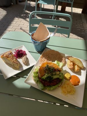 vegan smashed burger 15€ and vegan tortilla 5€  at Brio in Tarifa