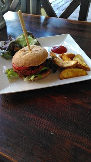 Vegan burger, everything in it homemade except the ketchup. They also brought me vegan alioli! at Brio in Tarifa