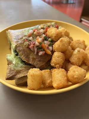 Vegetable Breakfast Quesadilla-Grilled Vegetables, Plant-based Sausage, Plant-based Eggs, Spinach, and Pico de Gallo served with Potato Barrels  at Walt Disney World - Landscape of Flavors in Lake Buena Vista