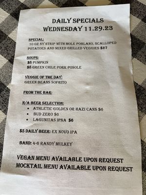 Daily special menu  at Cowgirl BBQ in Santa Fe