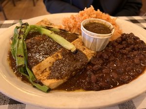 Jerk tofu w rice and beans!  at Cowgirl BBQ in Santa Fe