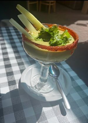 Amazing vegan avocado and cucumber cold soup with cilantro  at Cowgirl BBQ in Santa Fe