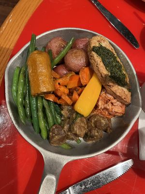 Only pic I remembered to get, the plant based dinner skillet.  Beefless tips and Jackfruit were good, “chicken” was a weird texture, and sausage was barely cooked.   at Walt Disney World - Whispering Canyon Cafe in Lake Buena Vista