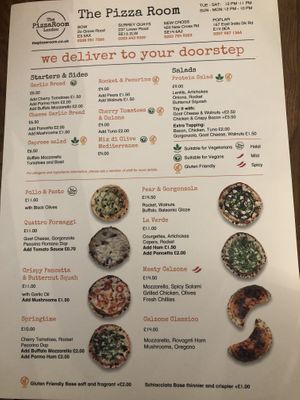 Menu at The Pizza Room in South East London