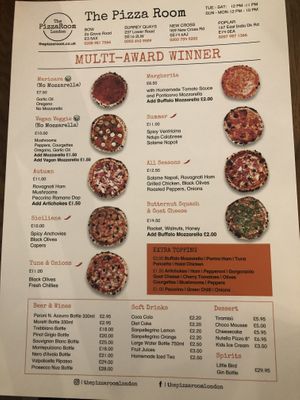Menu at The Pizza Room in South East London