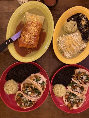 Vegan eats: potatoes tacos, enchilada with veggies & tofu, wet burrito with potatoes & chorizo   at Maria's Mexican Restaurant in South Lake Tahoe