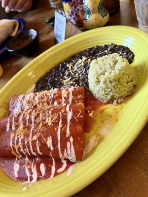 Vegan ground beef enchiladas with red sauce .  at Maria's Mexican Restaurant in South Lake Tahoe