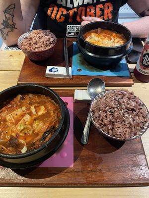 Vegan jjigae (close), cheese jongol (vegetarian, far)  at Oppa in St Andrews