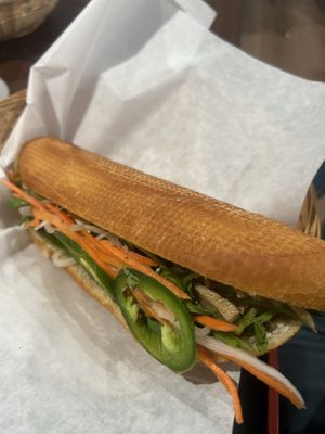 Shredded “pork” bahn mi  at  Van Nien Vegan Baguette Food Coffee Tea in Portland