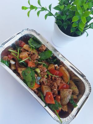 Smoky Seitan Hash made with our own homemade Seitan Mince  at The Vegan Bakery Company in Worthing